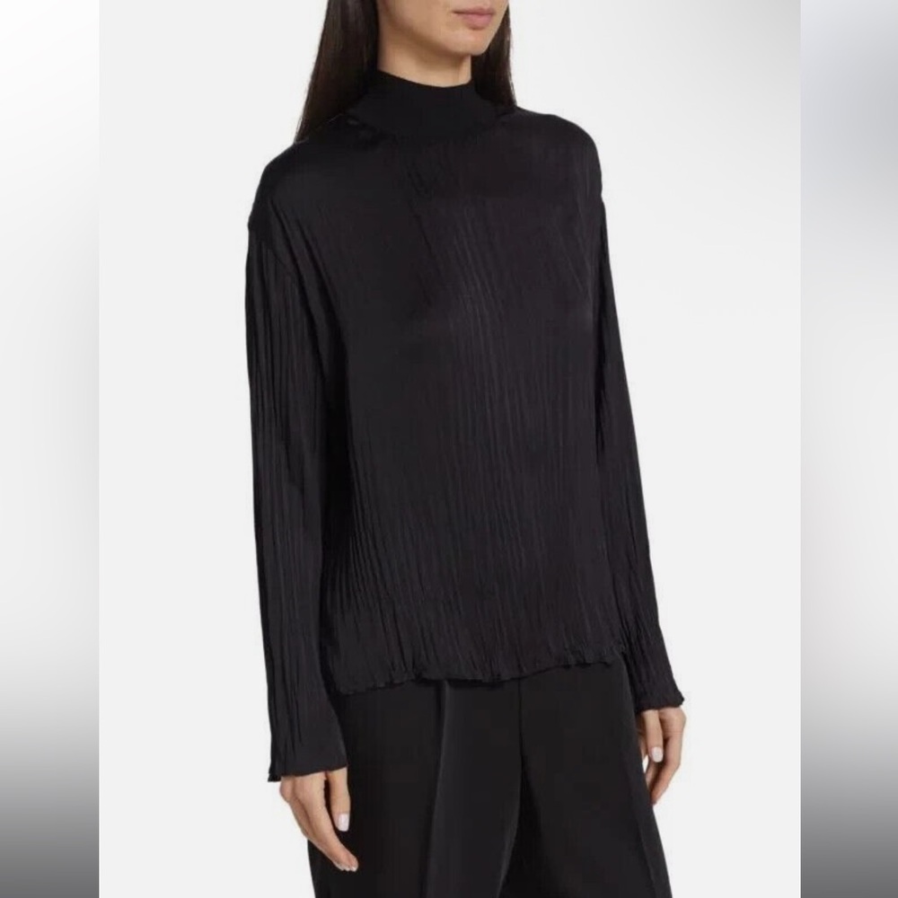 Vince‎ Rib Mock Neck Crushed Satin Black Blouse Long Sleeve Women Size Large